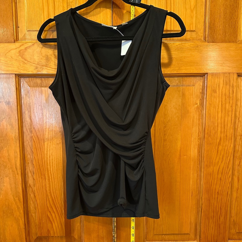 New York & Company Blouse Womens M Black Cowl Neck Ruched Sleeveless Stretch‎